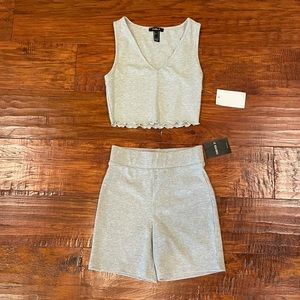 cropped v neck ribbed tank with lettuce edge and biker shorts set in grey f21